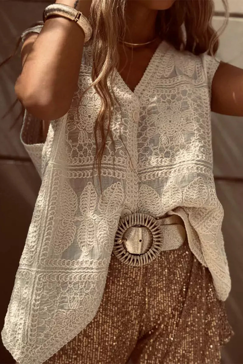 Lässige Oberteile mit V-Ausschnitt und einfarbigen Knöpfen und Stickereien