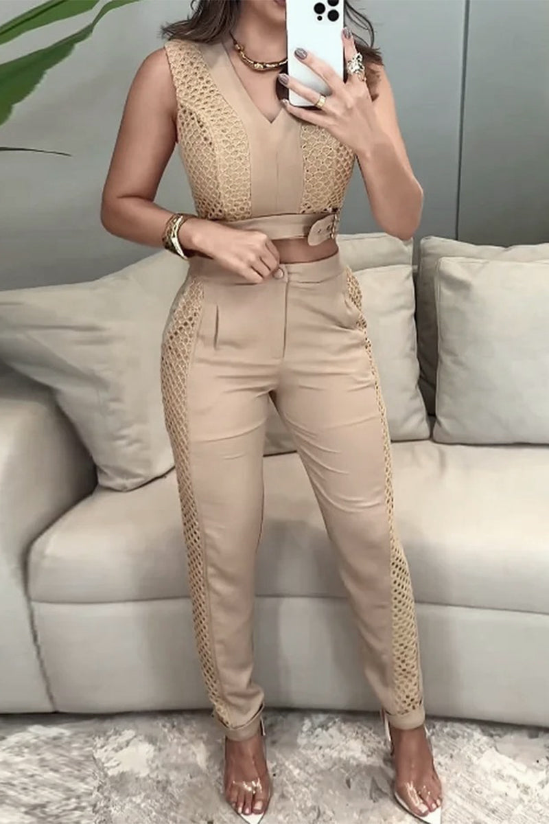 Casual Solid Color Pocket Buttons Mesh V Neck Sleeveless Two Pieces