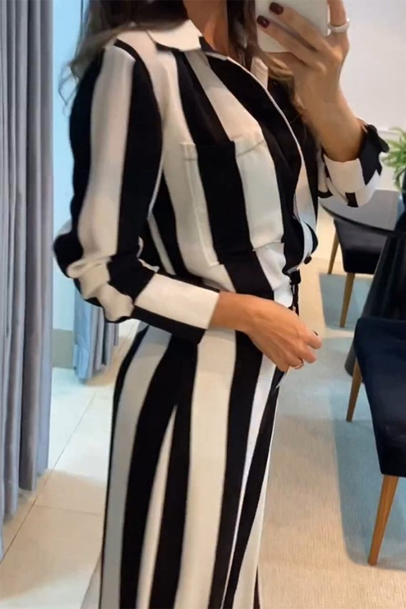 Lässiger Streifen-Taschen-Patchwork-Kontrast-Umlegekragen Langarm-Zweiteiler