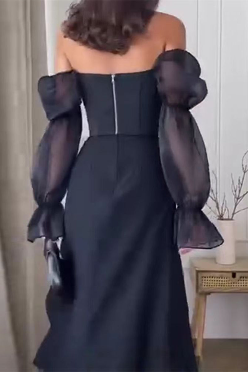 Sexy schulterfreies A-Linien-Kleid mit Schlitz und Netzstoff