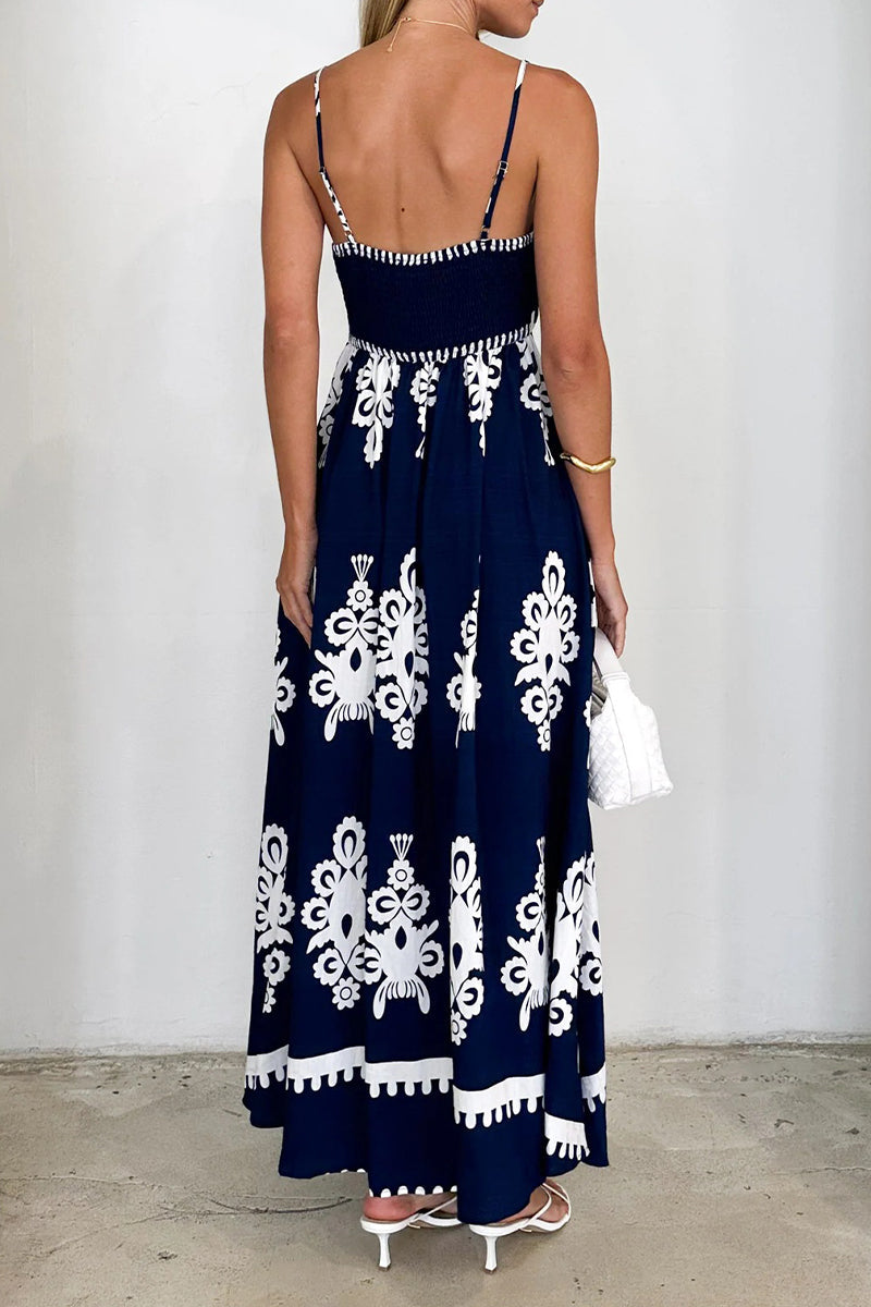 Vacation Geometric Print Pocket Contrast Square Neck Sling Dresses