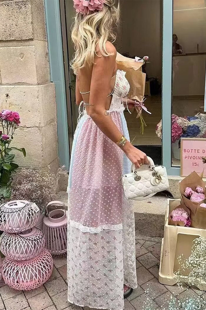Robe longue élégante à imprimé floral en dentelle avec cordon de serrage et dos nu contrasté