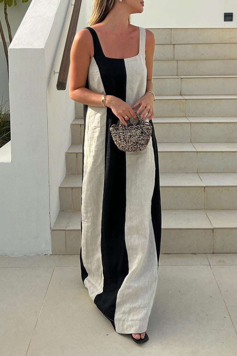 Lässige Kleider mit Streifen, Patchwork und Kontrast-Muster, quadratischem Ausschnitt und One-Step-Rock