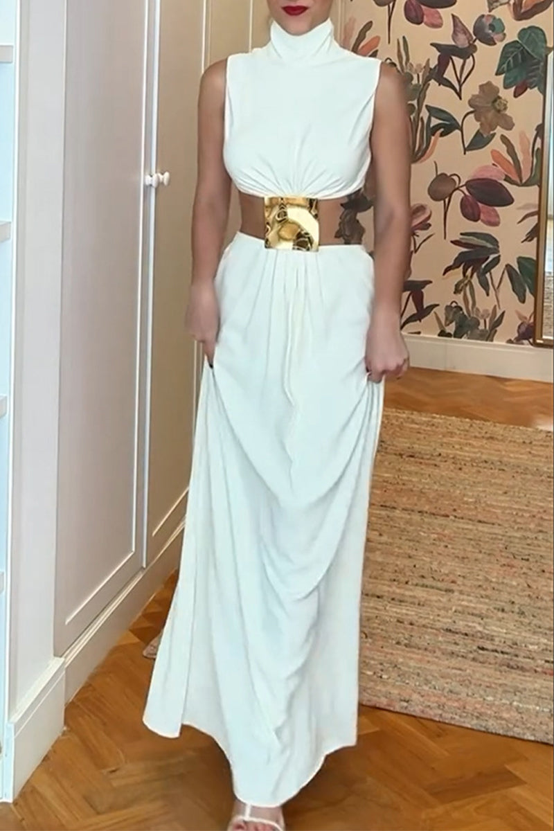 Robe longue sexy à col roulé et bordures métalliques ajourées de couleur unie