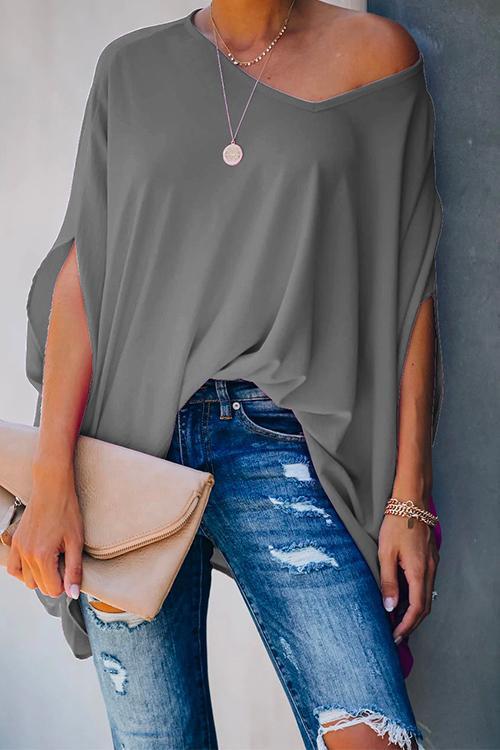 Loose V Neck Batwing Sleeve Solid T Shirt Gray