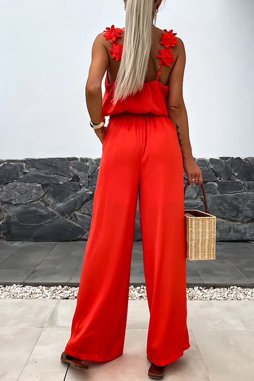 V Neck Backless Waisted Wide Leg Floral Cami Jumpsuit