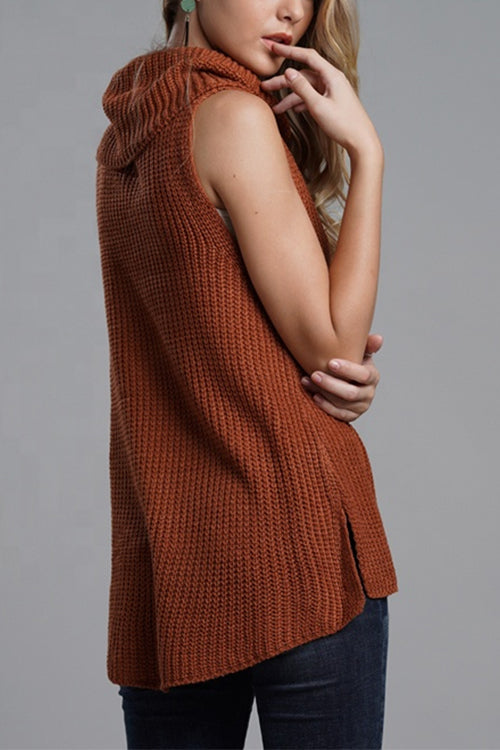 Cowl Neck Side Slit Sleeveless Sweater Vest