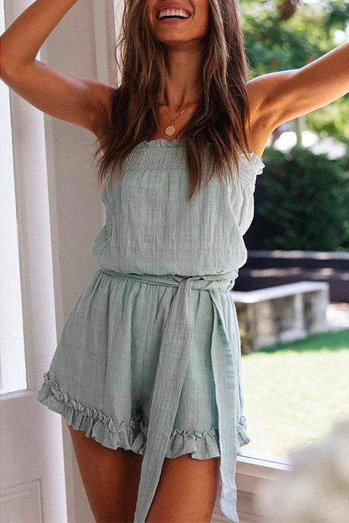 Off Shoulder Sleeveless Tie Waist Ruffle Romper