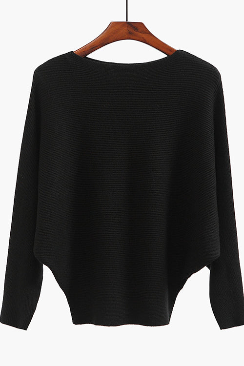 Boat Neck Batwing Sleeves Ribbed Knit Sweater Black S M