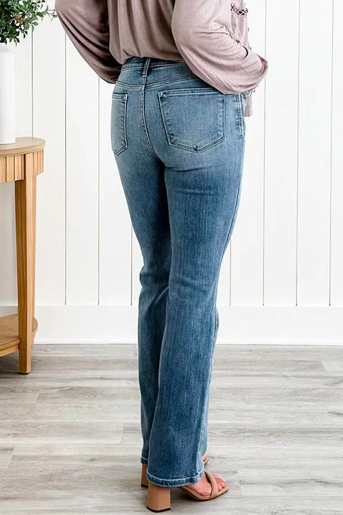 Distressed Straight Leg Stretchy Denim Pants