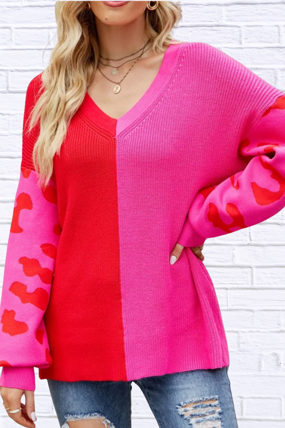 Color Block Leopard V-Neck Sweater Hot Pink M