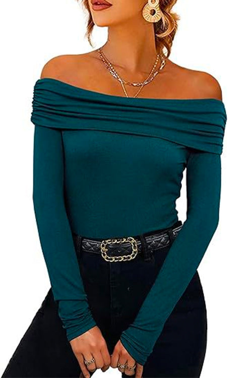 Off Shoulder Long Sleeves Bottoming Shirt Green