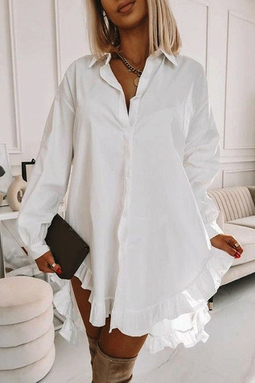 Button Down Long Sleeves Curve Hem Ruffle Shirt