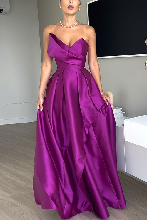 Robe de soirée longue trapèze taille empire sans bretelles