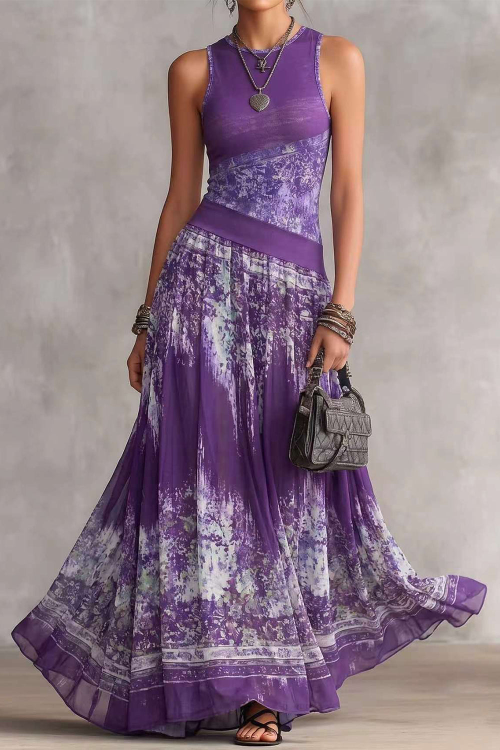 Crewneck Sleeveless Printed Flowy Maxi Dress