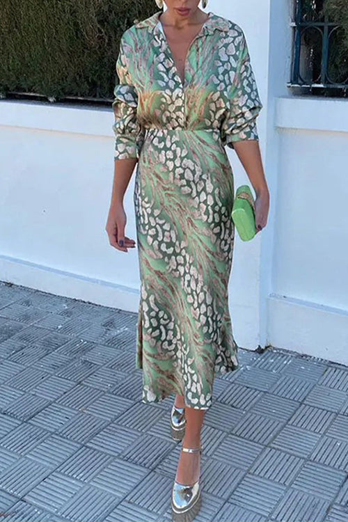 Printed Long Sleeves Button Up Shirt High Waist Midi Skirt Set