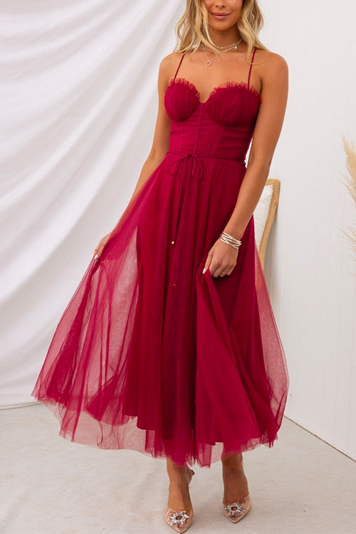 Open Back Waisted Swing Maxi Cami Tulle Dress Burgundy