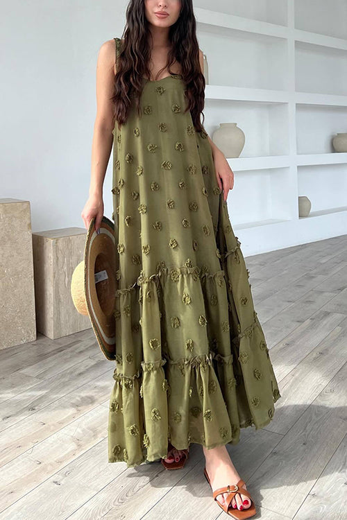 Floral Appliques Ruffle Trirm Swimg Maxi Cami Dress ArmyGreen