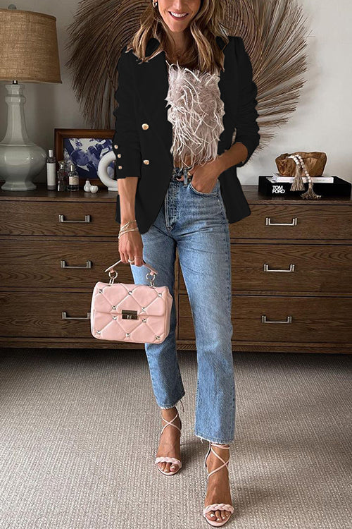 Lapel Double Breasted Open Front Blazer Jacket Black