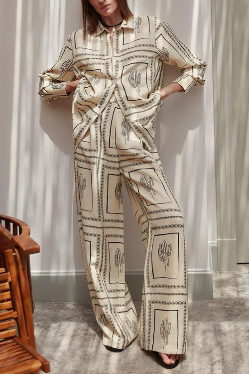 Cactus Print Lapel Long Sleeves Shirt Elastic Waist Wide Leg Pants Set
