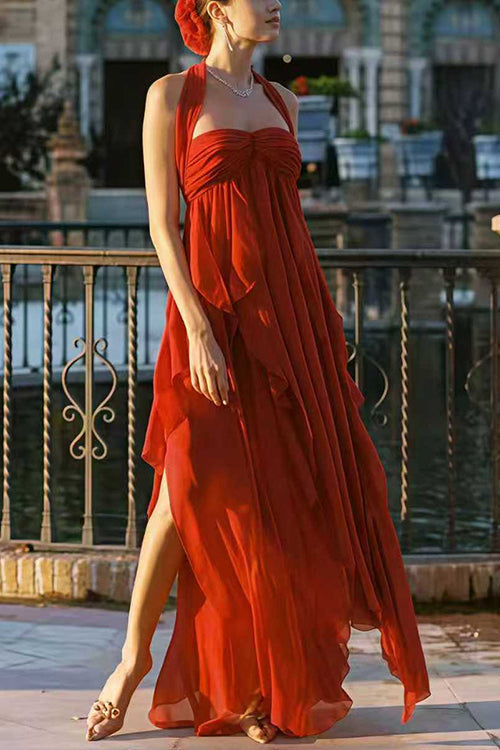 Sleeveless Open Back Ruffle Trim Slit Maxi Dress