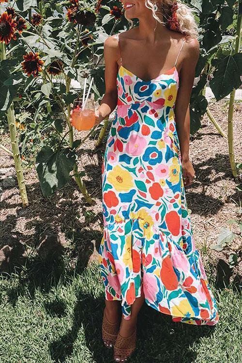 V Neck Ruffled Hem Printed Maxi Cami Dress