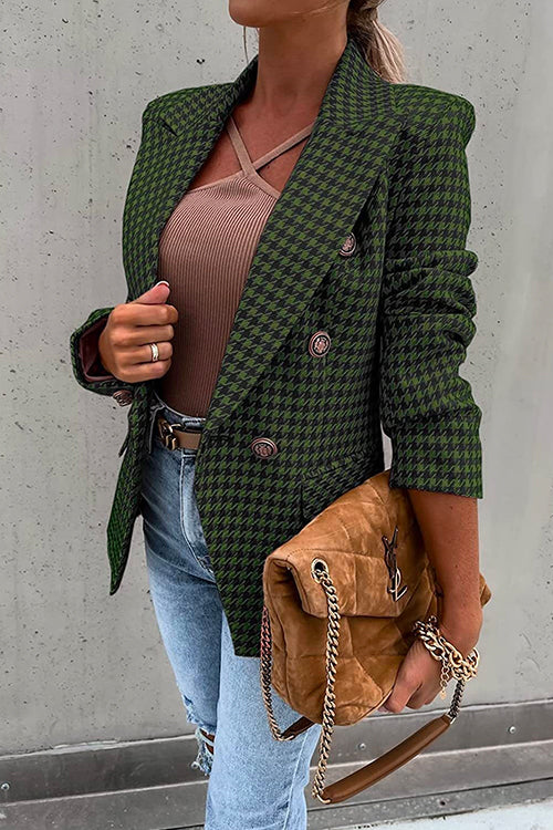 Claasic Double Breasted Slim Fit Houndstooth Blazer Green