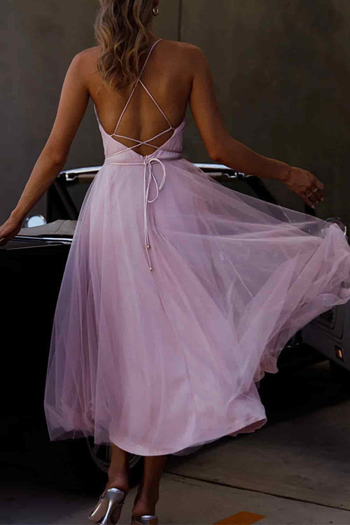 Open Back Waisted Tull Midi Party Dress