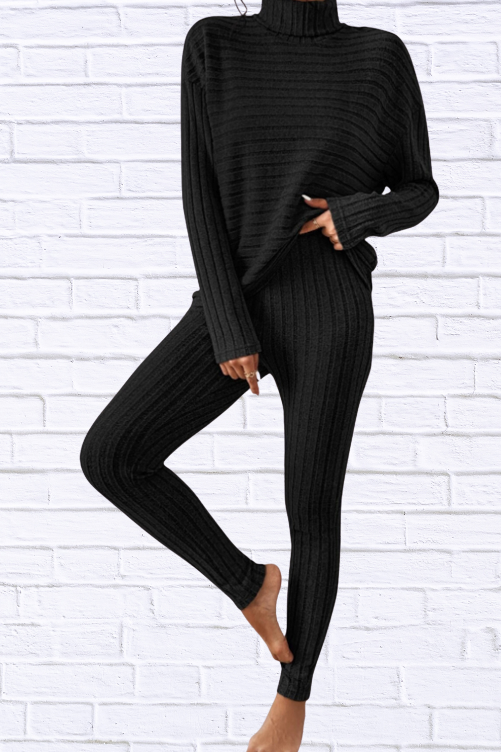 Ribbed Turtleneck Top and Pants Set