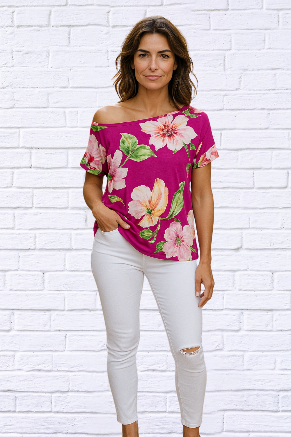 Hot Pink With Pale Pink One Shouler Boxy Top