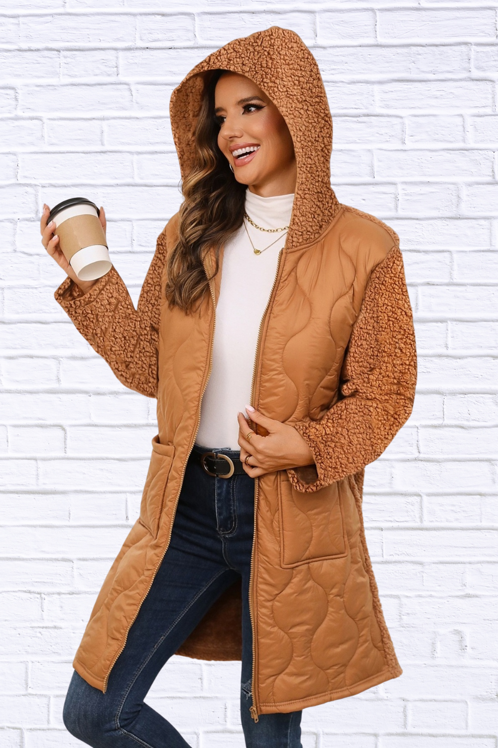 Zip Up Long Sleeve Hooded Outerwear Camel
