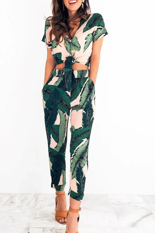 Short Sleeve Crop Top and Pants Leaves Printed Outfits Green