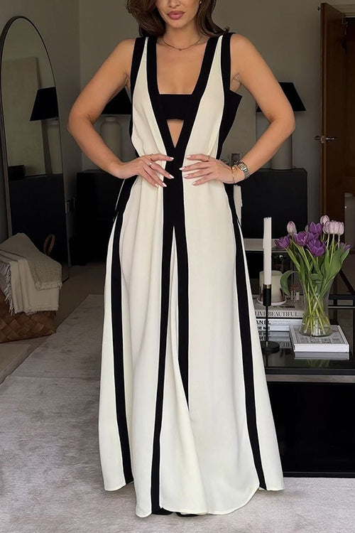 Deep V Neck Sleeveless Color Block Maxi Swing Dress White