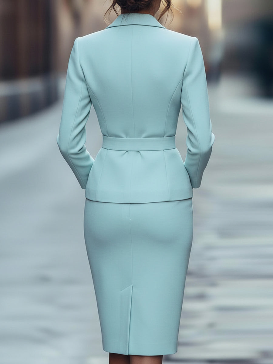 Light Blue Belted Blazer & Pencil Skirt Set