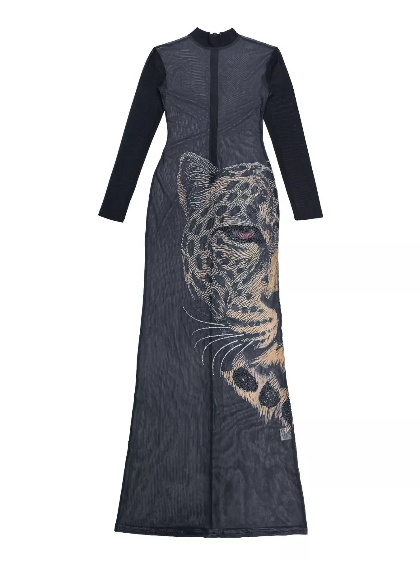 Leopard Print Mesh Long Sleeve Maxi Dress