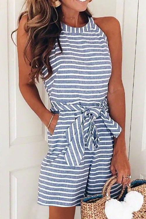 Bow-knot Sleeveless Striped Romper