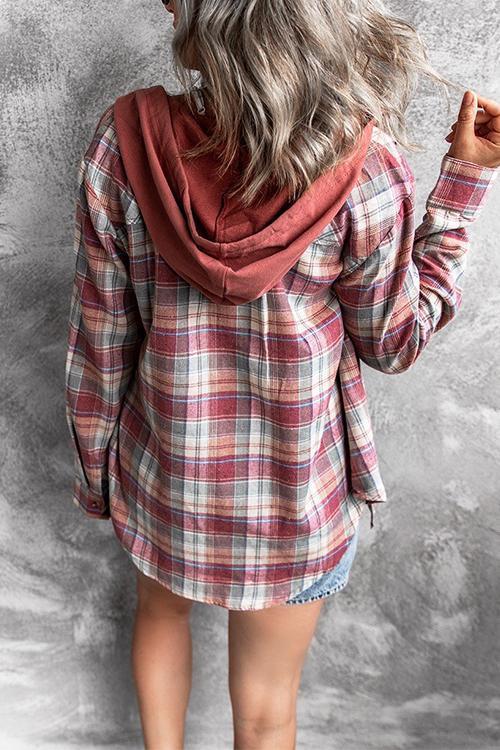 Long Sleeve Drawstring Hoodied Plaid Shirt