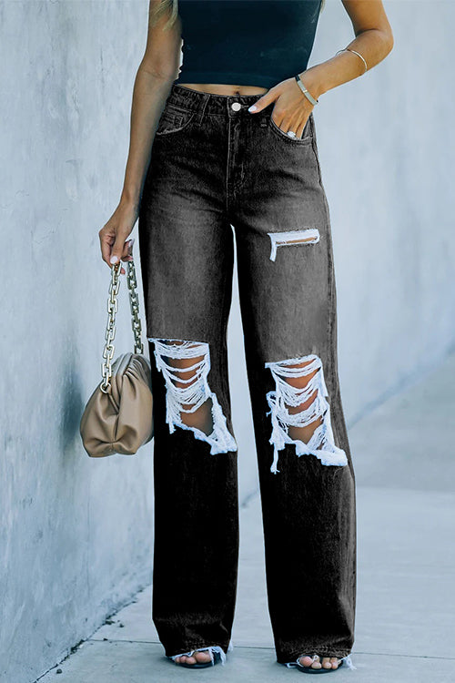 One Button Straight Leg Ripped Denim Pants Black