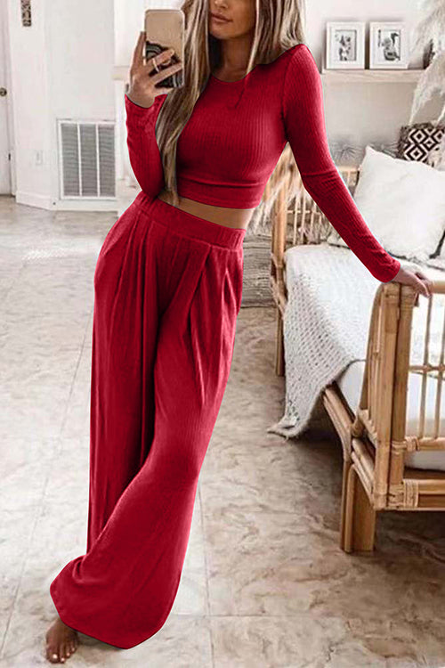 Long Sleeve Crop Top Elastic Waist Wide Leg Pants Set Red