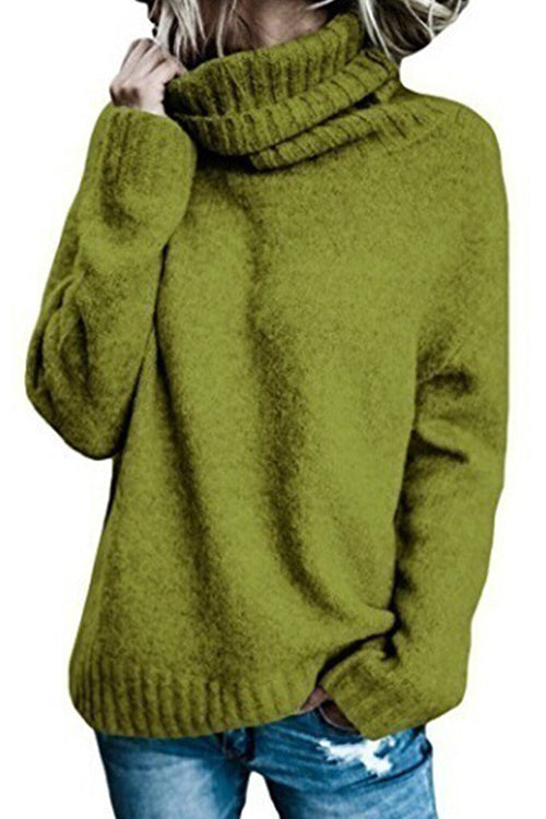Turtleneck Side Split Solid Casual Sweater Green