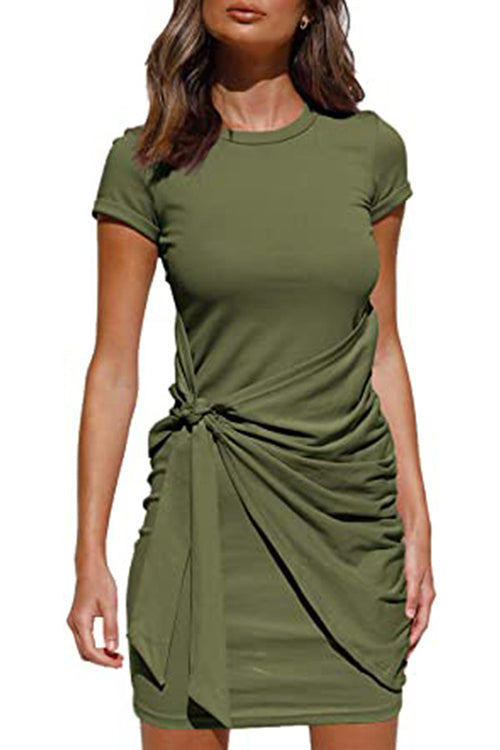 Crewneck Short Sleeve Tie Knot Waist Dress ArmyGreen