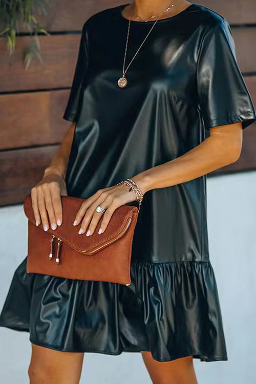 Short Sleeve Faux Leather Ruffle Club Dress