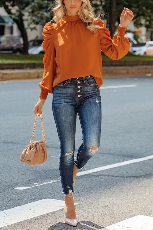 Mockneck Ruffle Puff Sleeve Blouse Top