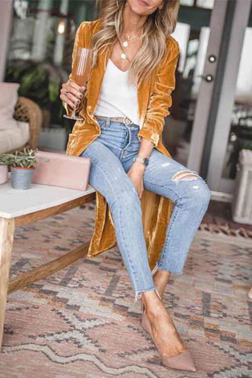 Solid Lapel Open Front Long Velvet Coat