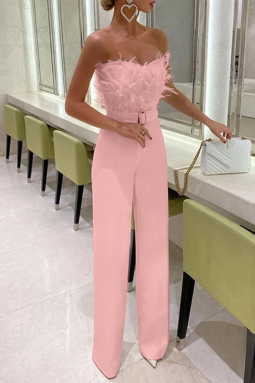 Off Shoulder Feather Splice Belted Jumpsuit Pink