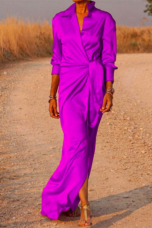 V Neck Long Sleeve Tie Waist Satin Dress Purple