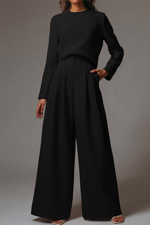 Crewneck Long Sleeve Pullover and Wide Leg Pants Solid Set Black