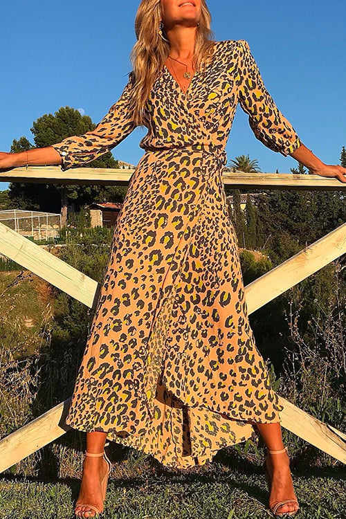 3/4 Sleeve Wrap V Neck Leopard Printed Dress Leopard