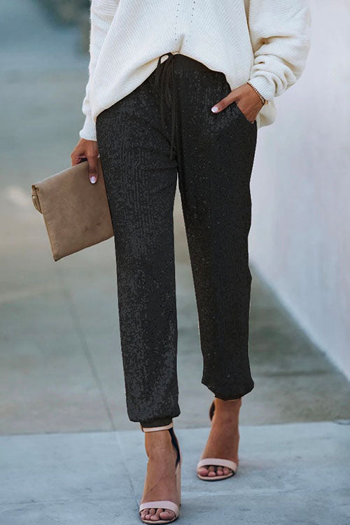 Tie Waist Sequin Joggers Pants with Pockets Black