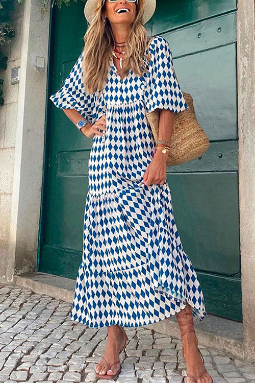 Puff Sleeve Geometry Printed Swing Dress LightBlue